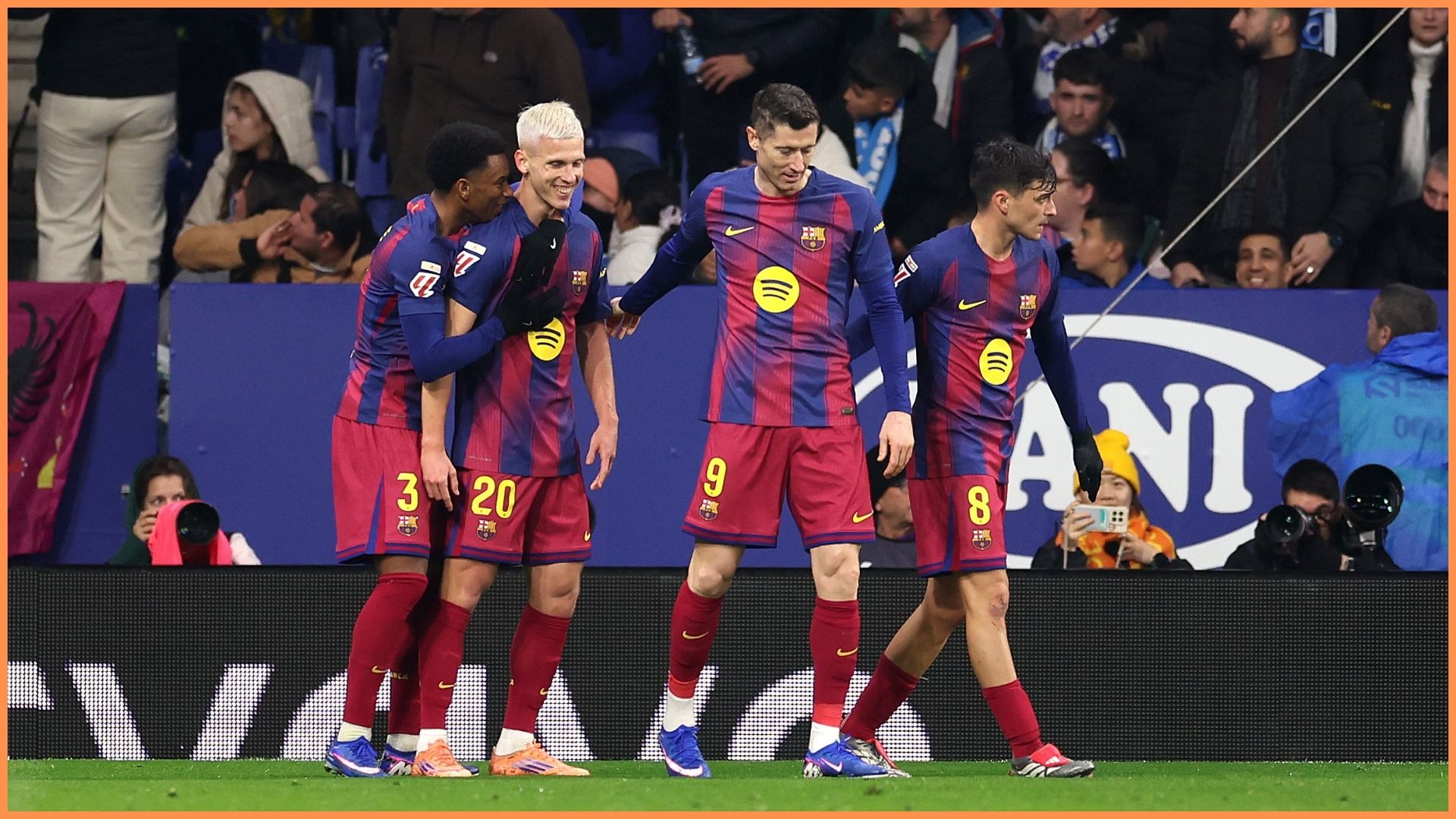 BARCELONA, SPAIN - JANUARY 03: Dani Olmo of FC Barcelona celebrates scoring his team's first goal with teammates during the LaLiga EA Sports match between RCD Espanyol de Barcelona and FC Barcelona at RCDE Stadium on January 03, 2026 in Barcelona, Spain.