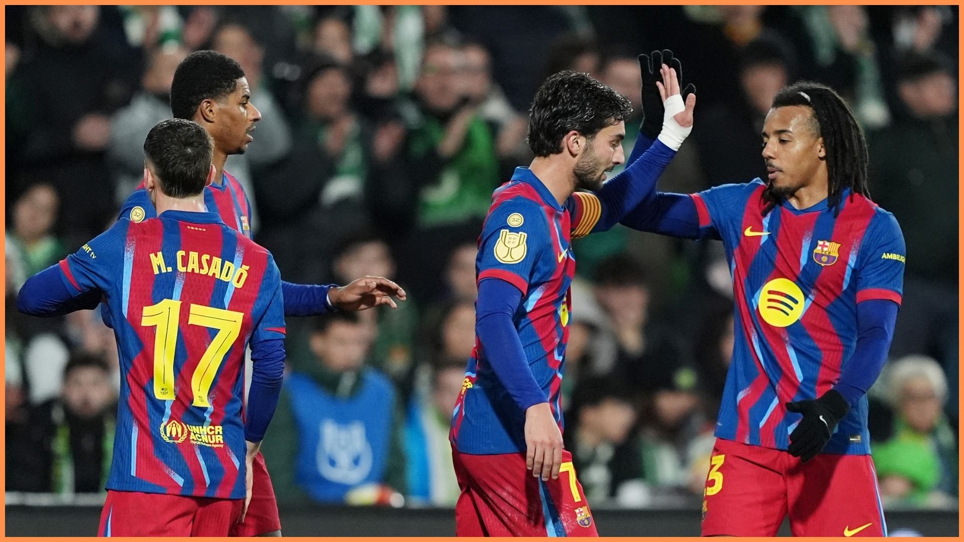SANTANDER, SPAIN - JANUARY 15: Ferran Torres of FC Barcelona celebrates scoring his team's first goal with Jules Kounde during the Copa del Rey Round of 16 match between Racing de Santander and FC Barcelona at El Sardinero on January 15, 2026 in Santander, Spain.