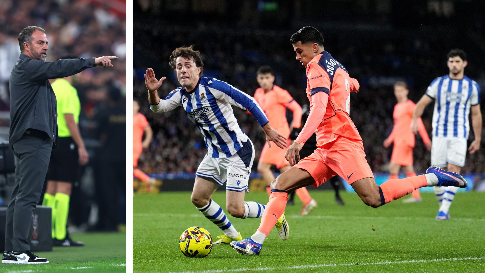 SAN SEBASTIAN, SPAIN - JANUARY 18: Joao Cancelo of FC Barcelona shoots whilst under pressure from Alvaro Odriozola of Real Sociedad during the LaLiga EA Sports match between Real Sociedad and FC Barcelona at Estadio Anoeta on January 18, 2026 in San Sebastian, Spain.
