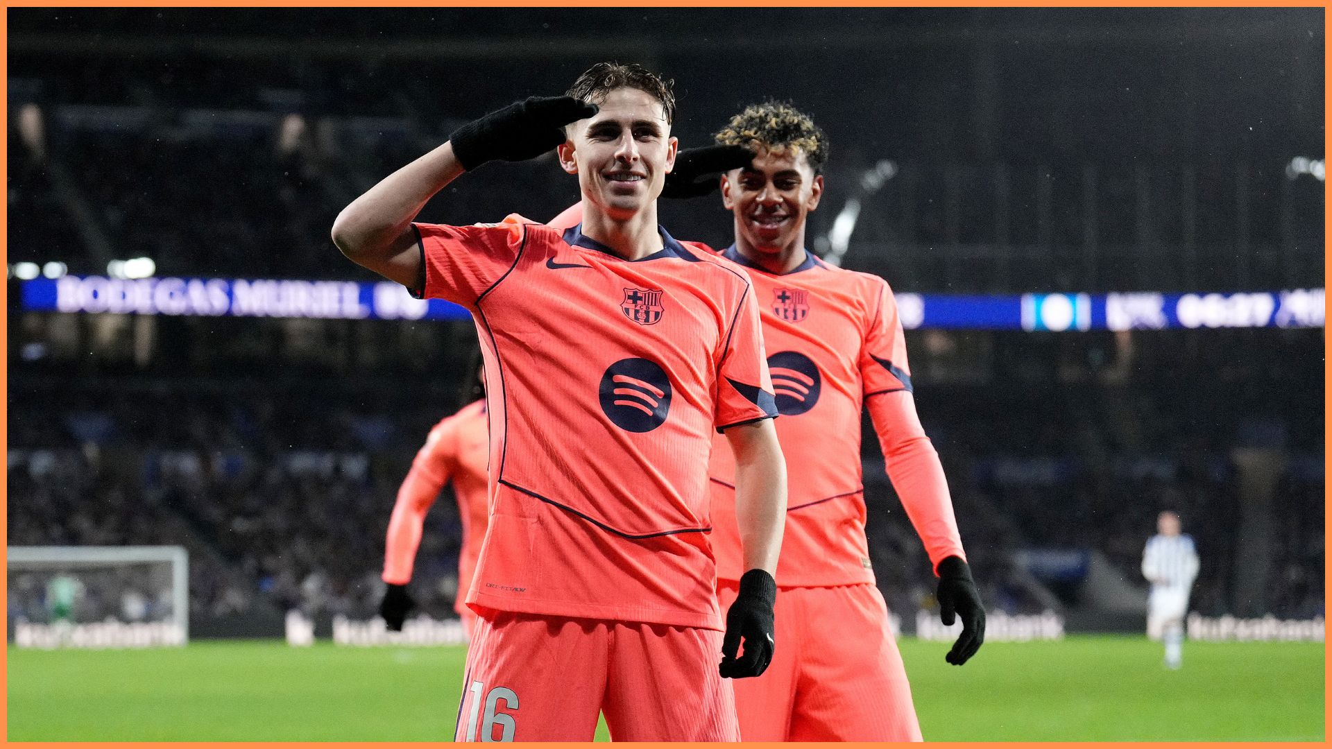 SAN SEBASTIAN, SPAIN - JANUARY 18: Fermin Lopez of FC Barcelona celebrates scoring a goal with teammate Lamine Yamal, which is later disallowed following a VAR Review which concluded a foul took place in the build up, during the LaLiga EA Sports match between Real Sociedad and FC Barcelona at Estadio Anoeta on January 18, 2026 in San Sebastian, Spain.