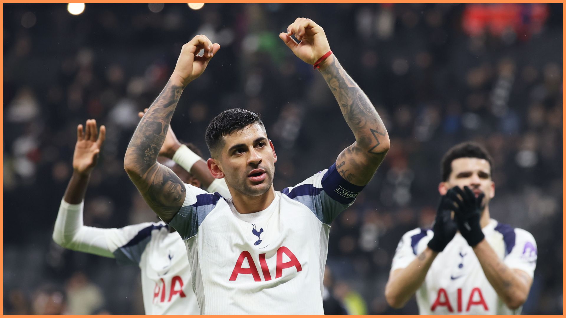 FRANKFURT AM MAIN, GERMANY - JANUARY 28: Cristian Romero of Tottenham Hotspur acknowledges the fans after the UEFA Champions League 2025/26 League Phase MD8 match between Eintracht Frankfurt and Tottenham Hotspur at Frankfurt Stadion on January 28, 2026 in Frankfurt am Main, Germany.