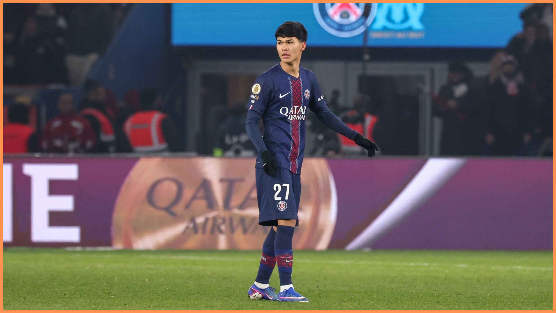 PARIS, FRANCE - FEBRUARY 8: Dro Fernandez #27 of Paris Saint-Germain looks on during the Ligue 1 match between Paris Saint-Germain and Olympique de Marseille at Parc des Princes on February 8, 2026 in Paris, France.