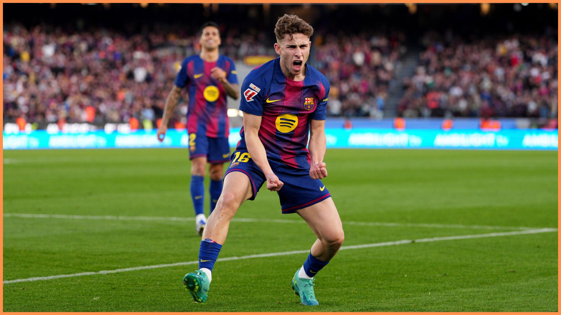 BARCELONA, SPAIN - FEBRUARY 22: Fermin Lopez of FC Barcelona celebrates scoring his team's third goal during the LaLiga EA Sports match between FC Barcelona and Levante UD at Spotify Camp Nou on February 22, 2026 in Barcelona, Spain.