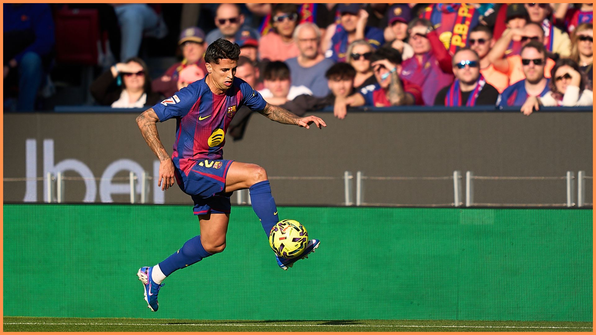 BARCELONA, SPAIN - FEBRUARY 22: Joao Cancelo of FC Barcelona controls the ball during the LaLiga EA Sports match between FC Barcelona and Levante UD at Spotify Camp Nou on February 22, 2026 in Barcelona, Spain.