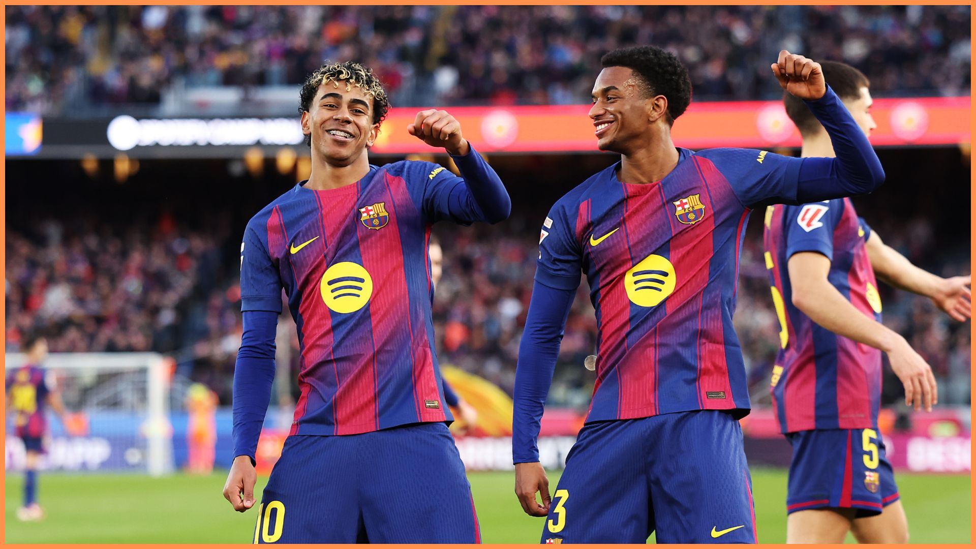 BARCELONA, SPAIN - FEBRUARY 07: Lamine Yamal of FC Barcelona celebrates scoring his team's second goal with teammate Alejandro Balde during the LaLiga EA Sports match between FC Barcelona and RCD Mallorca at Spotify Camp Nou on February 07, 2026 in Barcelona, Spain.