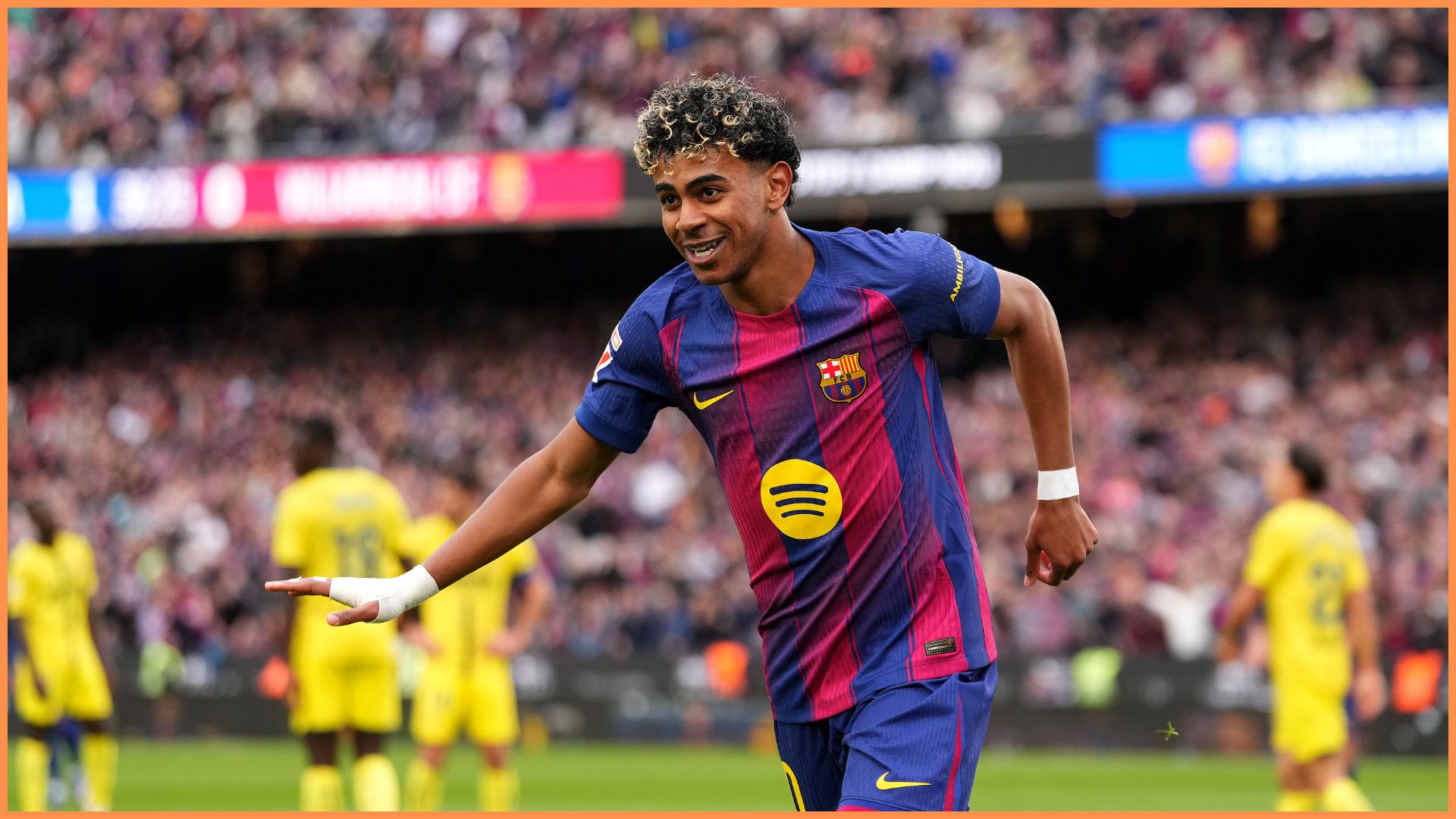 BARCELONA, SPAIN - FEBRUARY 28: Lamine Yamal of FC Barcelona celebrates scoring his team's second goal during the LaLiga EA Sports match between FC Barcelona and Villarreal CF at Spotify Camp Nou on February 28, 2026 in Barcelona, Spain.