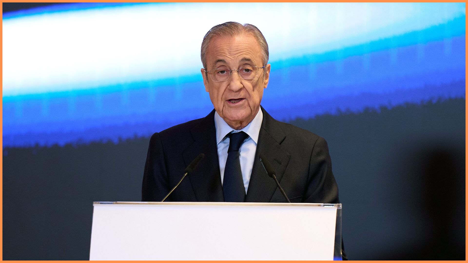 MADRID, SPAIN - OCTOBER 31: Florentino Perez, President of Real Madrid speaks to the audience as Kylian Mbappe is awarded with the Golden Boot 2024-2025, at Estadio Santiago Bernabeu on October 31, 2025 in Madrid, Spain.