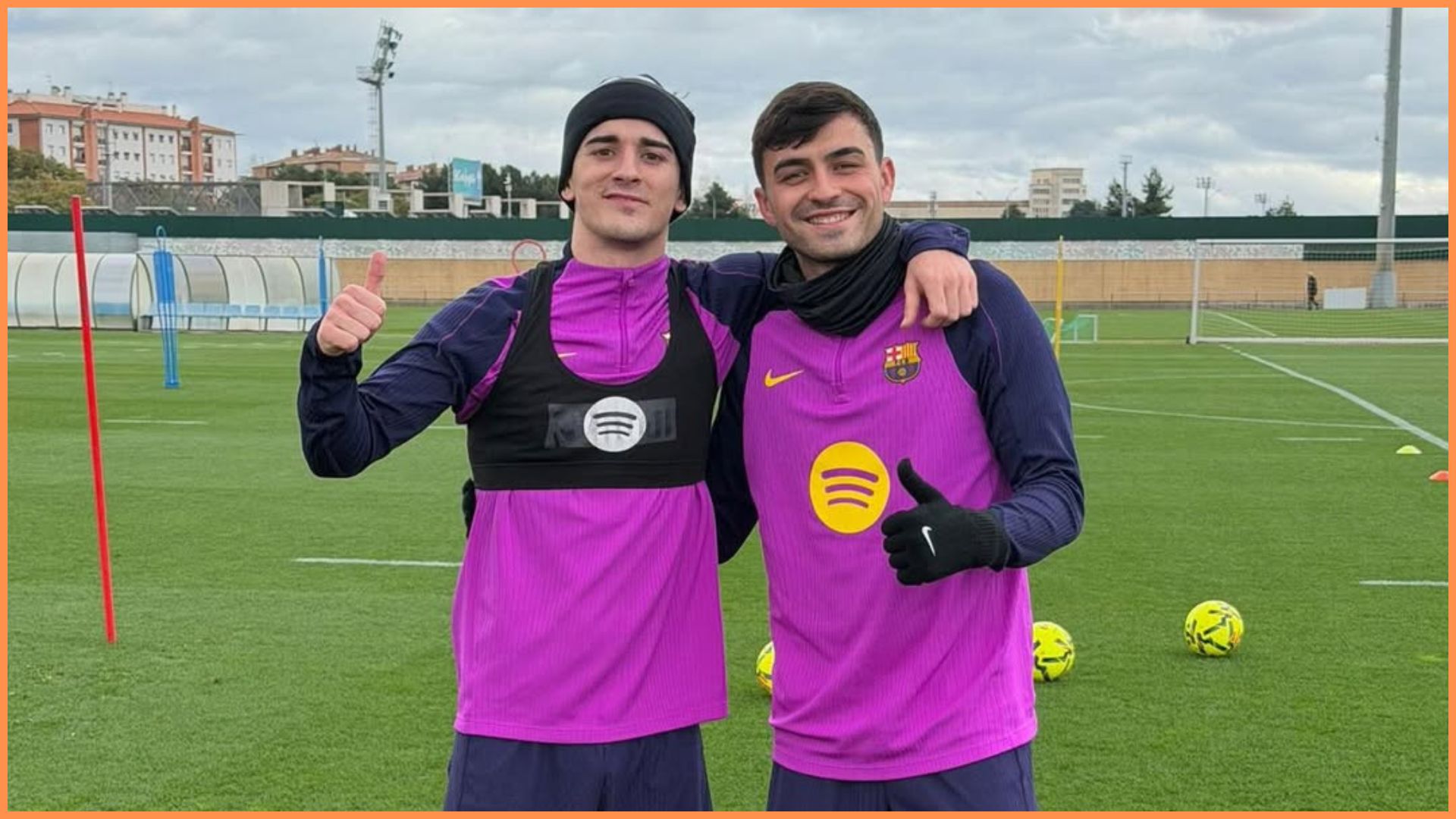 Injured Barcelona midfielders Gavi and Pedri pose together on the pitch after training as they continue their recoveries.