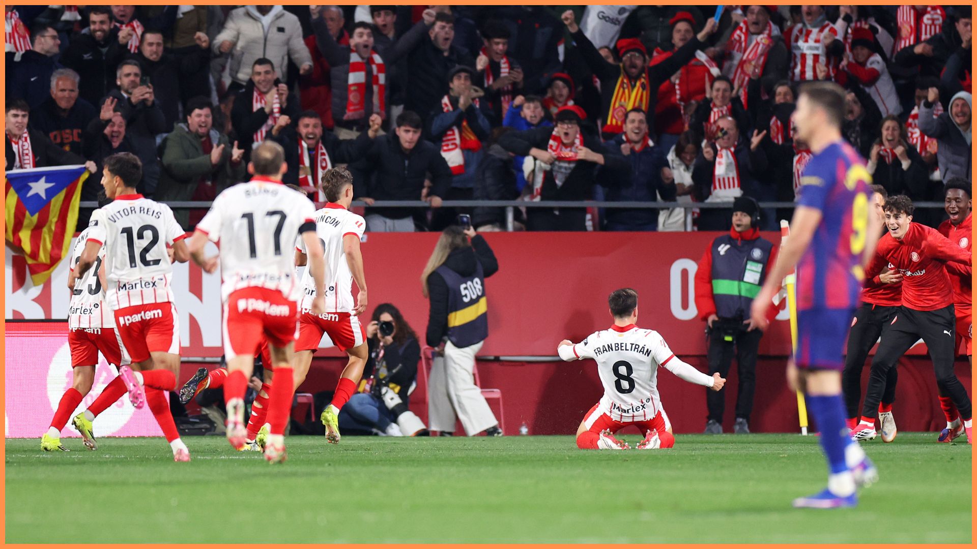 GIRONA, SPAIN - FEBRUARY 16: Fran Beltran of Girona FC celebrates scoring his team's second goal during the LaLiga EA Sports match between Girona FC and FC Barcelona at Montilivi Stadium on February 16, 2026 in Girona, Spain.