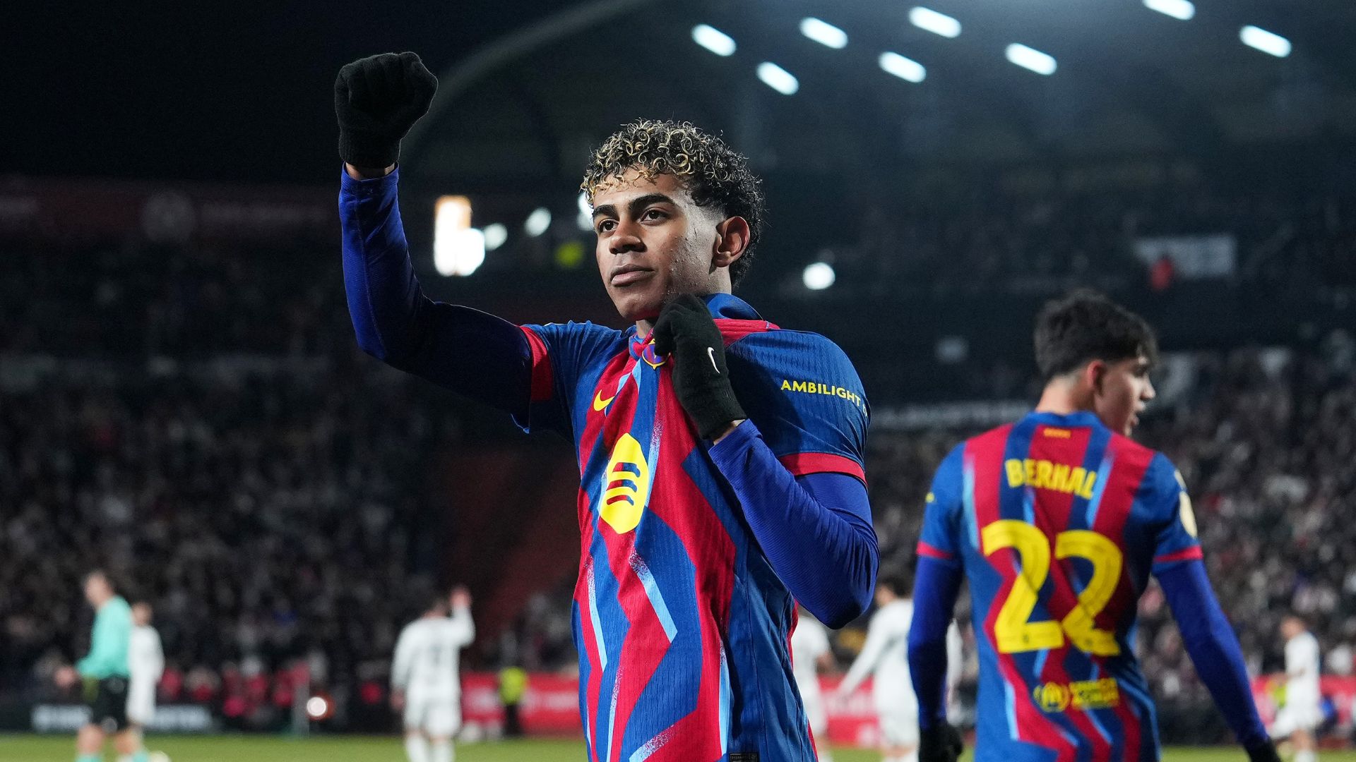 ALBACETE, SPAIN - FEBRUARY 03: Lamine Yamal of FC Barcelona celebrates scoring his team's first goal during the Copa Del Rey Quarter Final match between Albacete Balompie and FC Barcelona at Estadio Carlos Belmonte on February 03, 2026 in Albacete, Spain.