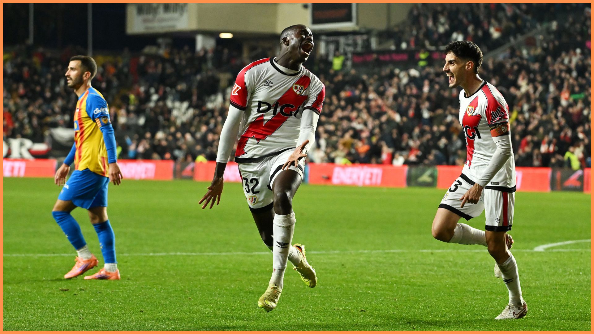 MADRID, SPAIN - DECEMBER 01: Nobel Mendy of Rayo Vallecano celebrates scoring his team's first goal during the LaLiga EA Sports match between Rayo Vallecano de Madrid and Valencia CF at Estadio de Vallecas on December 01, 2025 in Madrid, Spain.