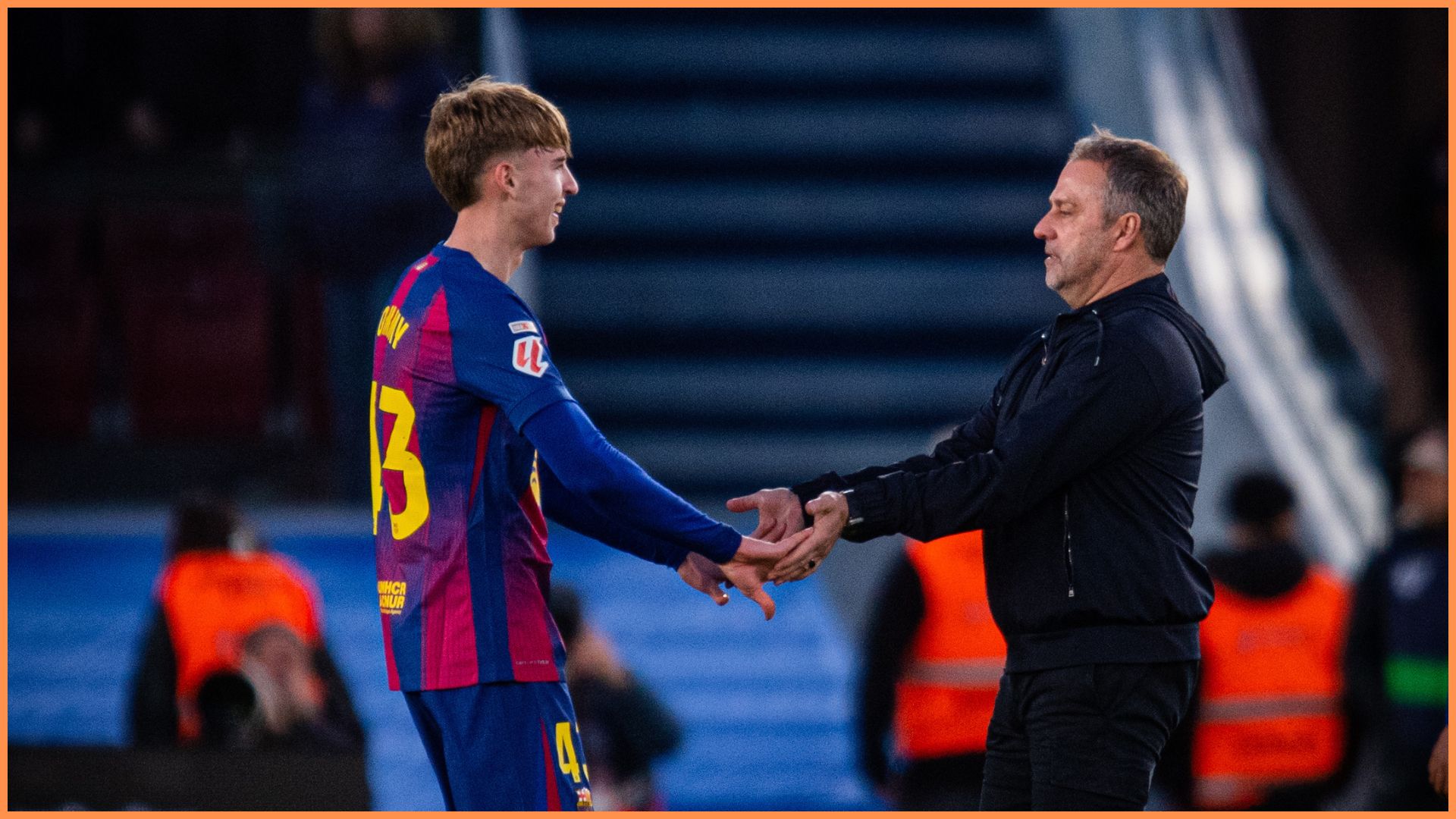 Barcelona midfielder Tommy Marques with Hansi Flick after making his first team debut.