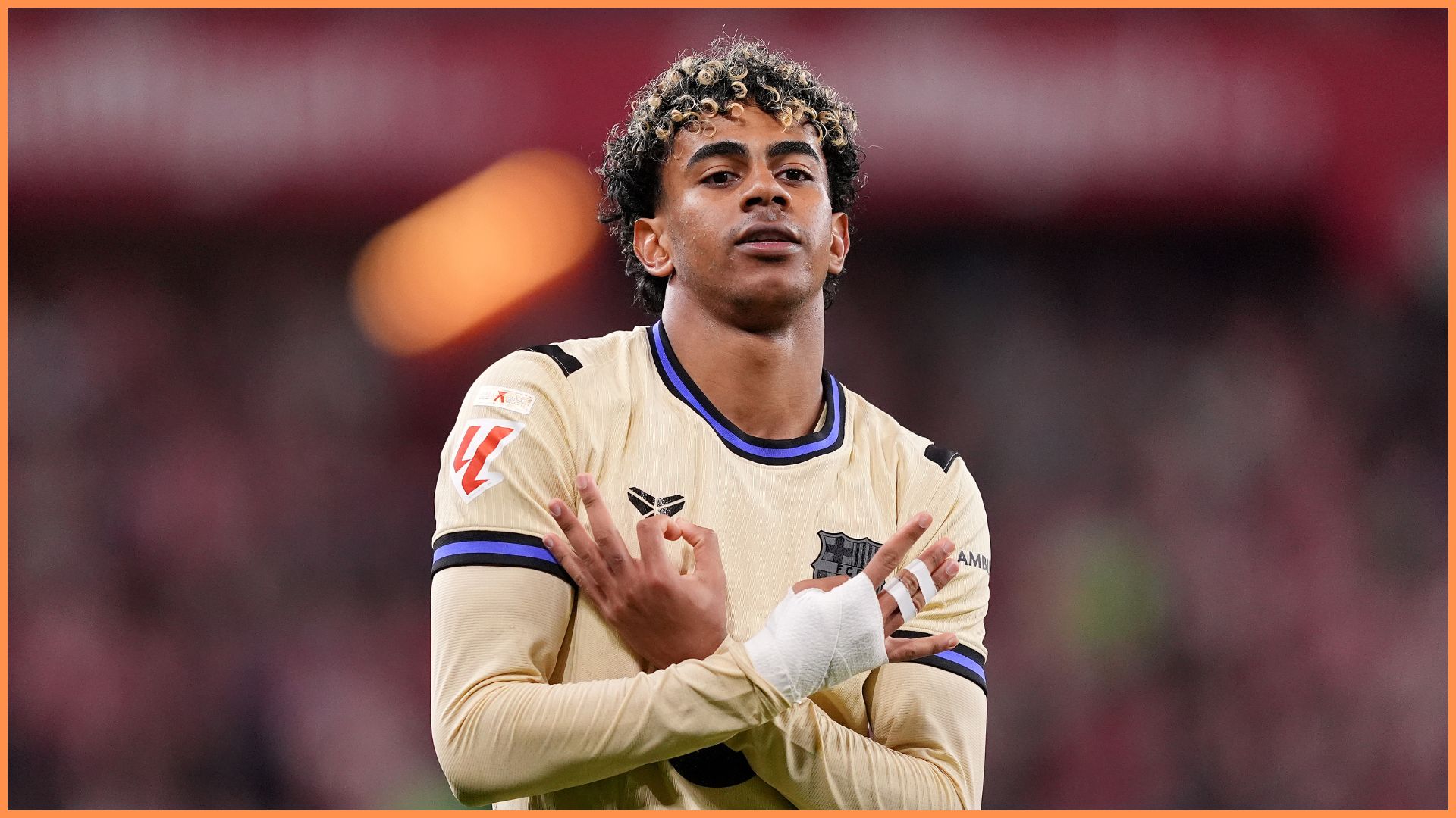 BILBAO, SPAIN - MARCH 07: Lamine Yamal of FC Barcelona celebrates scoring his team's first goal during the LaLiga EA Sports match between Athletic Club and FC Barcelona at Estadio de San Mames on March 07, 2026 in Bilbao, Spain.