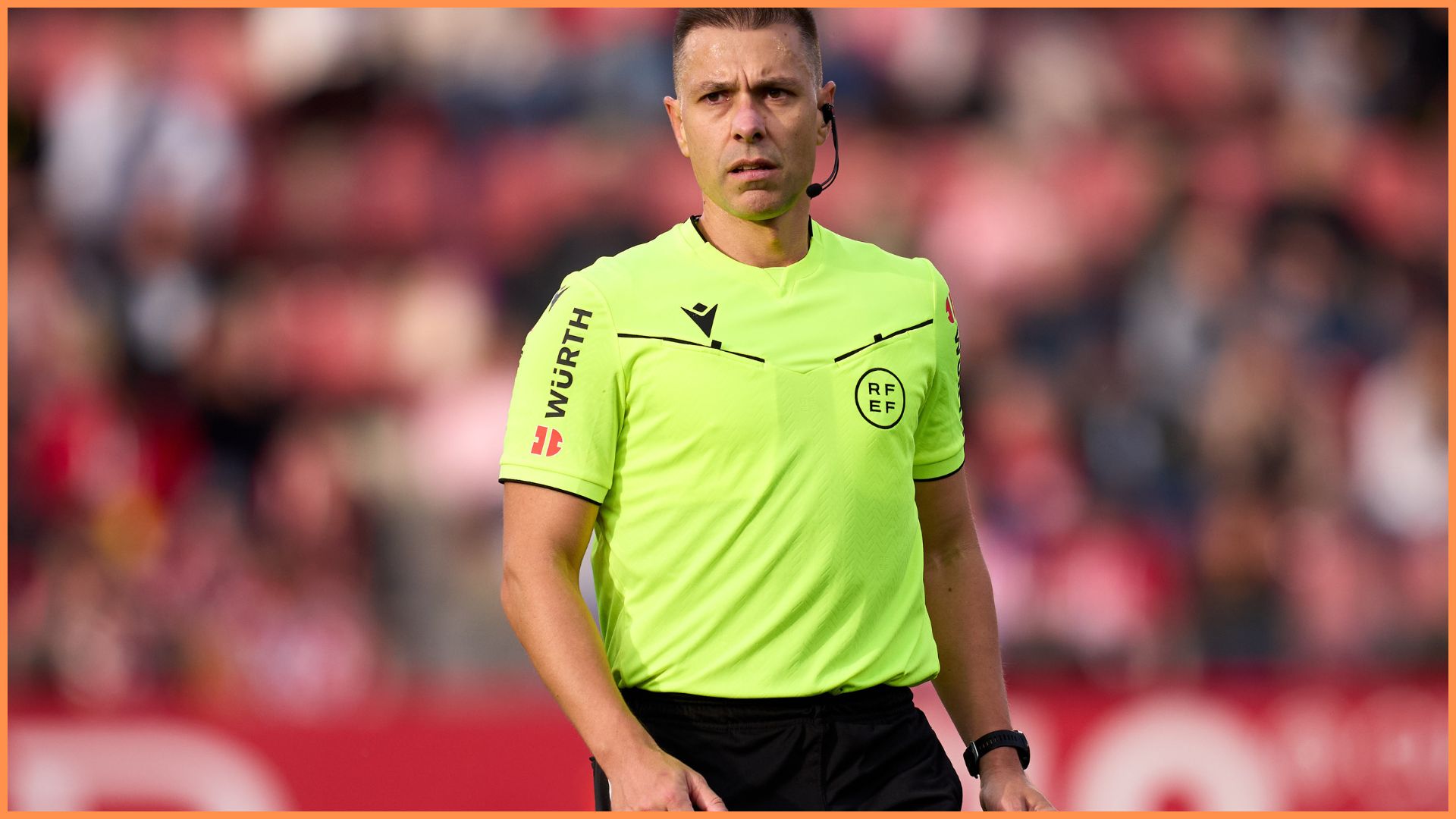 GIRONA, SPAIN - NOVEMBER 08: Referee Adrian Cordero Vega looks on during the LaLiga EA Sports match between Girona FC and Deportivo Alaves at Montilivi Stadium on November 08, 2025 in Girona, Spain.