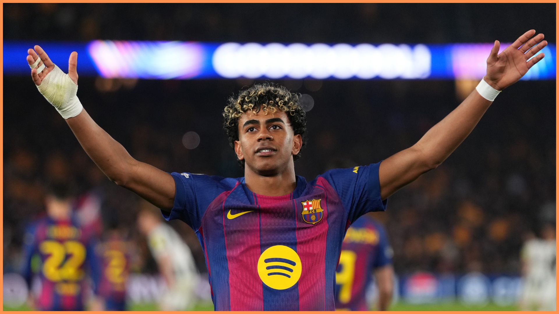 BARCELONA, SPAIN - MARCH 18: Lamine Yamal of FC Barcelona celebrates scoring his team's third goal from the penalty spot during the UEFA Champions League 2025/26 Round of 16 Second Leg match between FC Barcelona and Newcastle United FC at Camp Nou on March 18, 2026 in Barcelona, Spain.