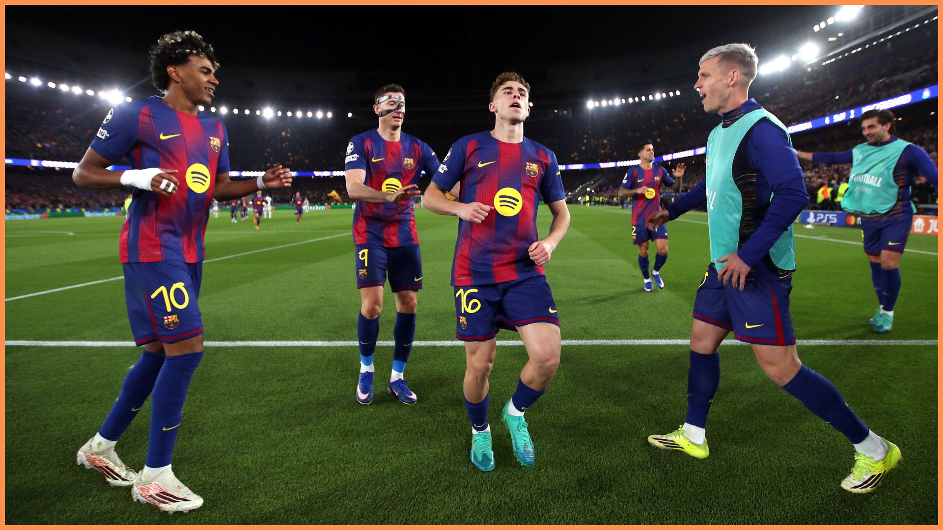 BARCELONA, SPAIN - MARCH 18: Fermin Lopez of FC Barcelona celebrates scoring his team's fourth goal during with teammate Lamine Yamal, Robert Lewandowski and Dani Olmo the UEFA Champions League 2025/26 Round of 16 Second Leg match between FC Barcelona and Newcastle United FC at Camp Nou on March 18, 2026 in Barcelona, Spain.