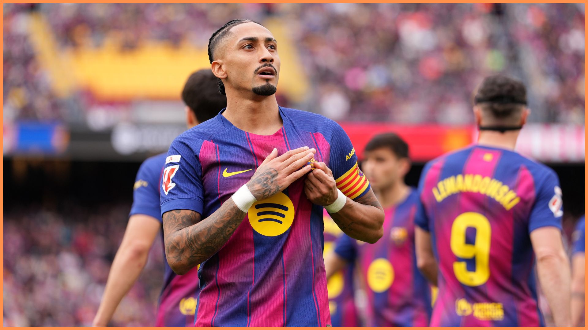 BARCELONA, SPAIN - MARCH 15: Raphinha of FC Barcelona celebrates scoring his team's first goal during the LaLiga EA Sports match between FC Barcelona and Sevilla FC at Spotify Camp Nou on March 15, 2026 in Barcelona, Spain.