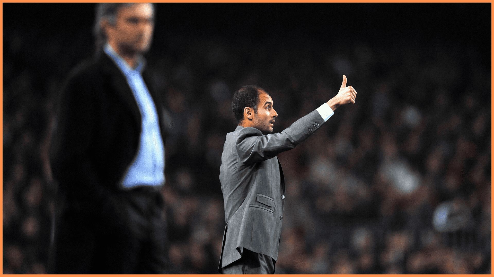 BARCELONA, SPAIN - NOVEMBER 24: Coach Josep Guardiola (R) of FC Barcelona gestures thumbs up to his players flanked by coach Jose Mourinho of Inter Milan during the UEFA Champions League group F match between FC Barcelona and Inter Milan at the Camp Nou Stadium on November 24, 2009 in Barcelona, Spain. Barcelona won the match 2-0.