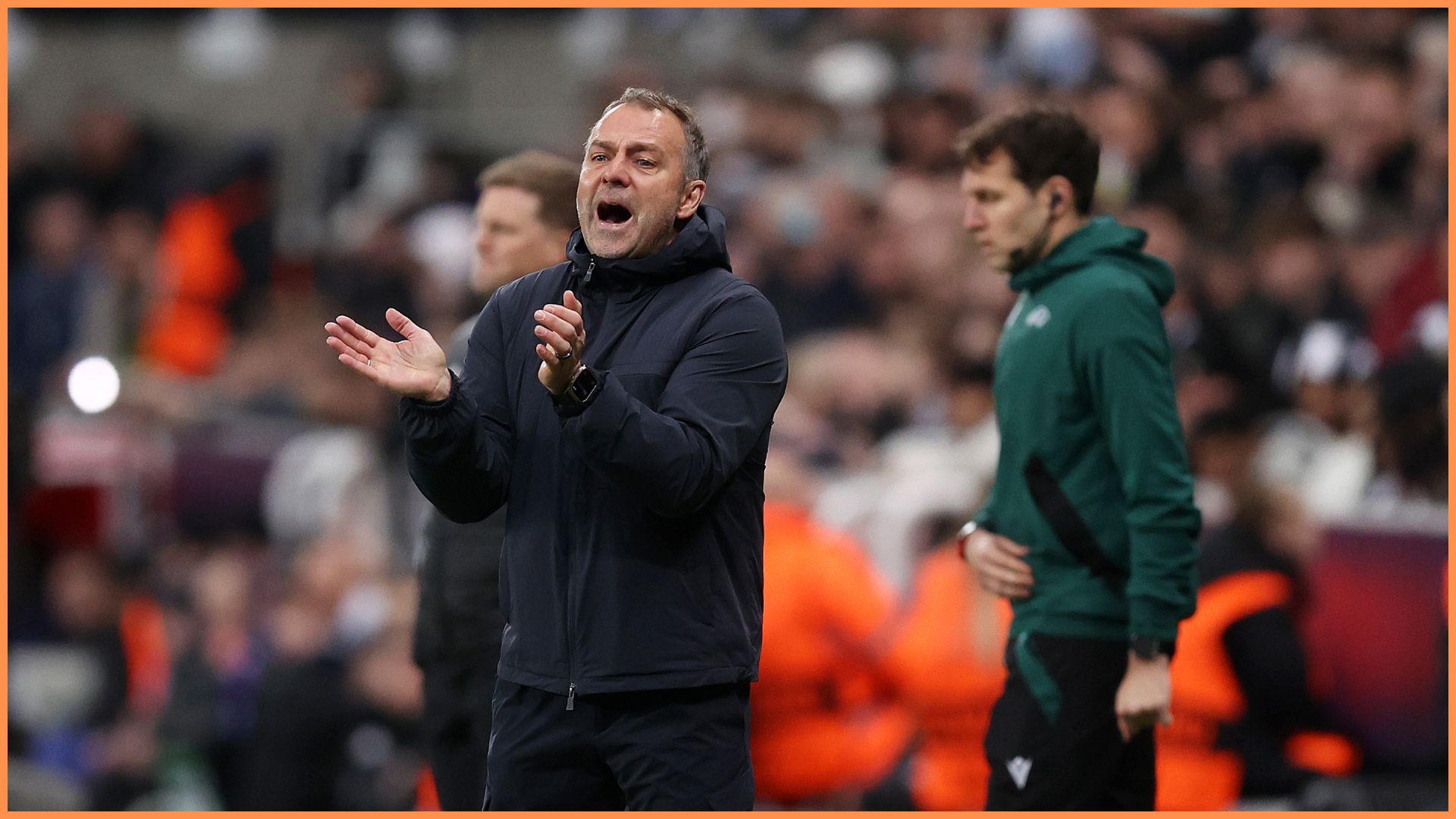 NEWCASTLE UPON TYNE, ENGLAND - MARCH 10: Hansi Flick, Head Coach of FC Barcelona, gestures to his players during the UEFA Champions League 2025/26 Round of 16 First Leg match between Newcastle United FC and FC Barcelona at St James' Park on March 10, 2026 in Newcastle upon Tyne, England.