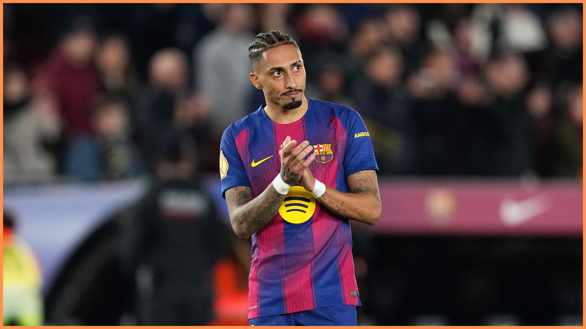BARCELONA, SPAIN - MARCH 03: Raphinha of FC Barcelona applauds the fans after the Copa Del Rey Semi Final Second Leg match between FC Barcelona and Atlético de Madrid at Camp Nou on March 03, 2026 in Barcelona, Spain.