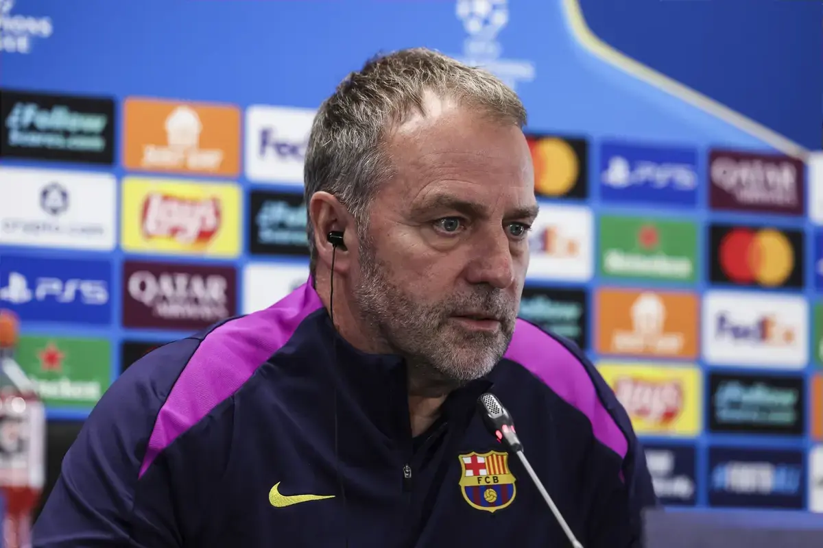 March 17, 2026, Sant Joan Despi, Barcelona, SPAIN: Hansi Flick, head coach of FC Barcelona, attends his press conference during the training day of FC Barcelona ahead the UEFA Champions League 2025/26, football match against Newcastle United at Ciudad Esportiva Joan Gamper on March 17, 2026 in Sant Joan Despi, Barcelona, Spain.