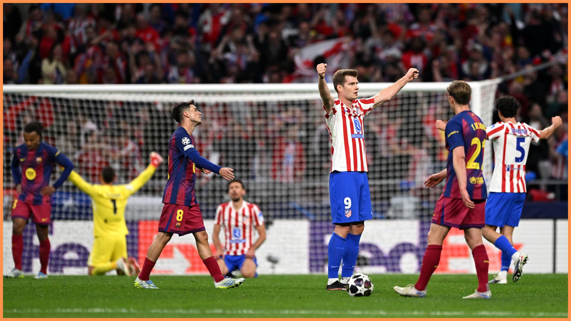 MADRID, SPAIN - APRIL 14: Alexander Sorloth of Atletico de Madrid celebrates after the final whistle of the UEFA Champions League 2025/26 Quarter-Final Second Leg match between Club Atlético de Madrid and FC Barcelona at Riyadh Air Metropolitano on April 14, 2026 in Madrid, Spain.