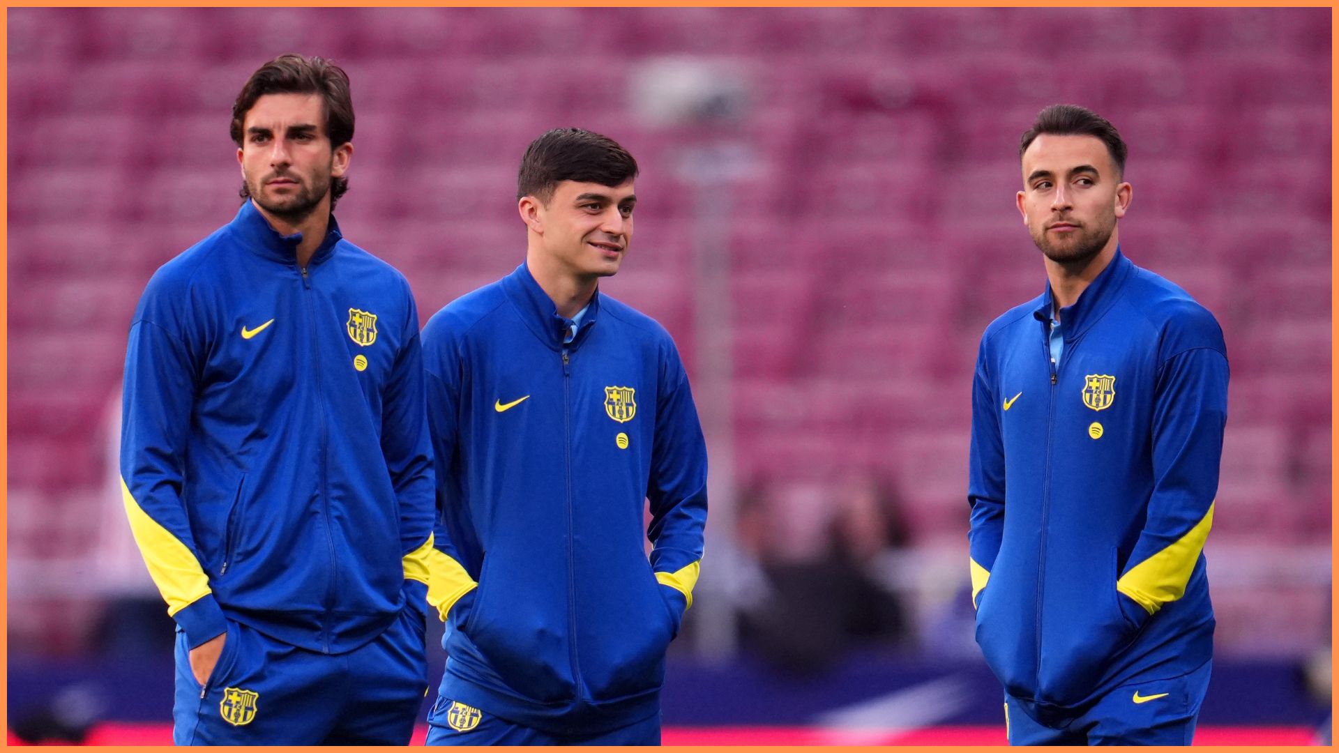 MADRID, SPAIN - APRIL 04: Eric Garcia, Pedri and Ferran Torres of FC Barcelona inspect the pitch prior to the LaLiga EA Sports match between Atletico de Madrid and FC Barcelona at Riyadh Air Metropolitano on April 04, 2026 in Madrid, Spain.
