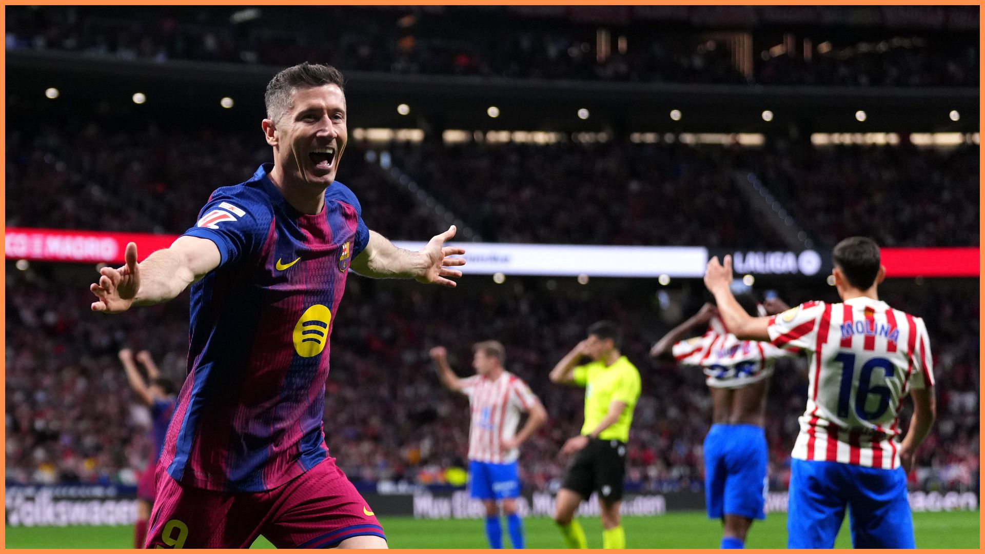MADRID, SPAIN - APRIL 04: Robert Lewandowski of FC Barcelona celebrates scoring his team's second goal during the LaLiga EA Sports match between Atletico de Madrid and FC Barcelona at Riyadh Air Metropolitano on April 04, 2026 in Madrid, Spain.