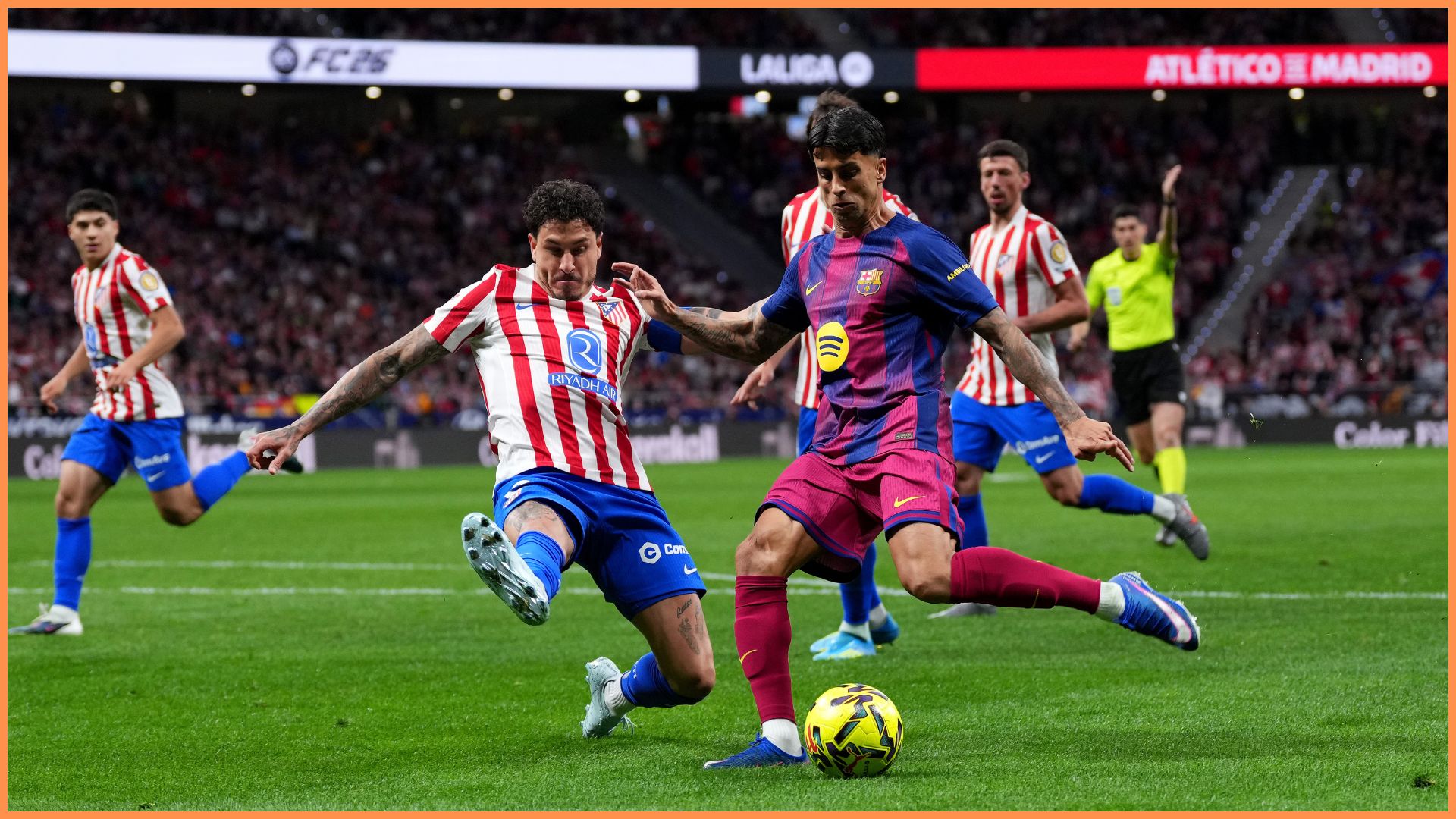 MADRID, SPAIN - APRIL 04: Joao Cancelo of FC Barcelona is challenged by Jose Gimenez of Atletico de Madrid during the LaLiga EA Sports match between Atletico de Madrid and FC Barcelona at Riyadh Air Metropolitano on April 04, 2026 in Madrid, Spain.