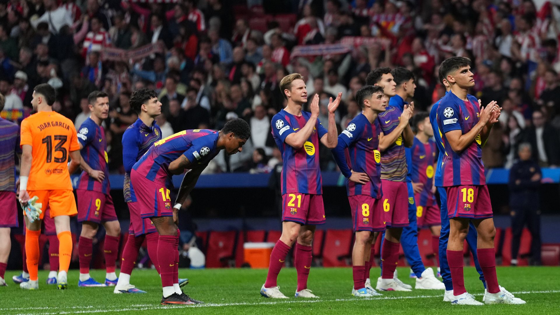 MADRID, SPAIN - APRIL 14: Marcus Rashford of FC Barcelona reacts as team mates Frenkie de Jong, Pedri and Gerard Martin acknowledge the fans following the UEFA Champions League 2025/26 Quarter-Final Second Leg match between Club Atlético de Madrid and FC Barcelona at Riyadh Air Metropolitano on April 14, 2026 in Madrid, Spain.