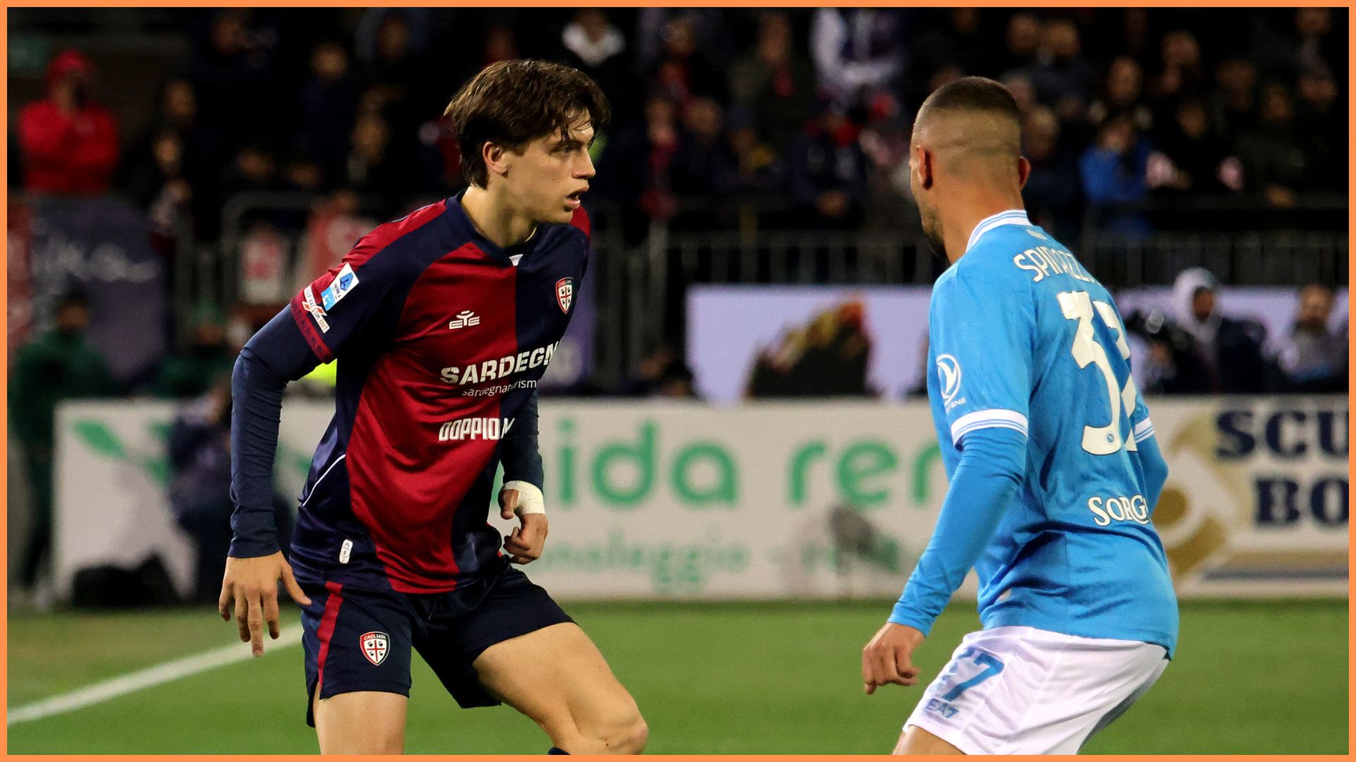 CAGLIARI, ITALY - MARCH 20: Marco Palestra of Cagliari in contrast during the Serie A match between Cagliari Calcio and SSC Napoli at Stadio Sant'Elia on March 20, 2026 in Cagliari, Italy.