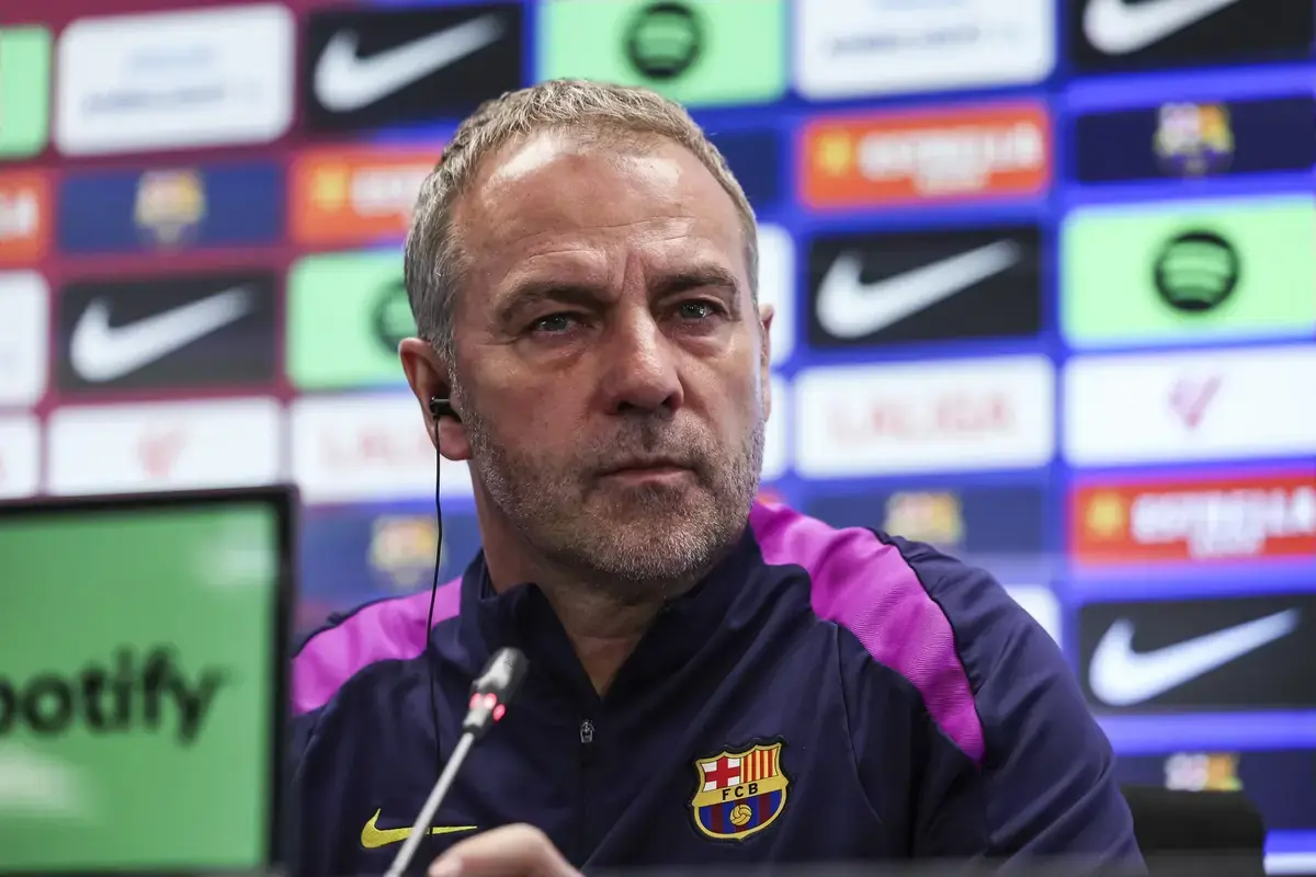 April 3, 2026, Sant Joan Despi, Barcelona, SPAIN: Hansi Flick, head coach of FC Barcelona, attends his press conference during the training day of FC Barcelona ahead the Spanish League, LaLiga EA Sports, football match against Atletico de Madrid at Ciudad Esportiva Joan Gamper on April 03, 2026 in Sant Joan Despi, Barcelona, Spain.