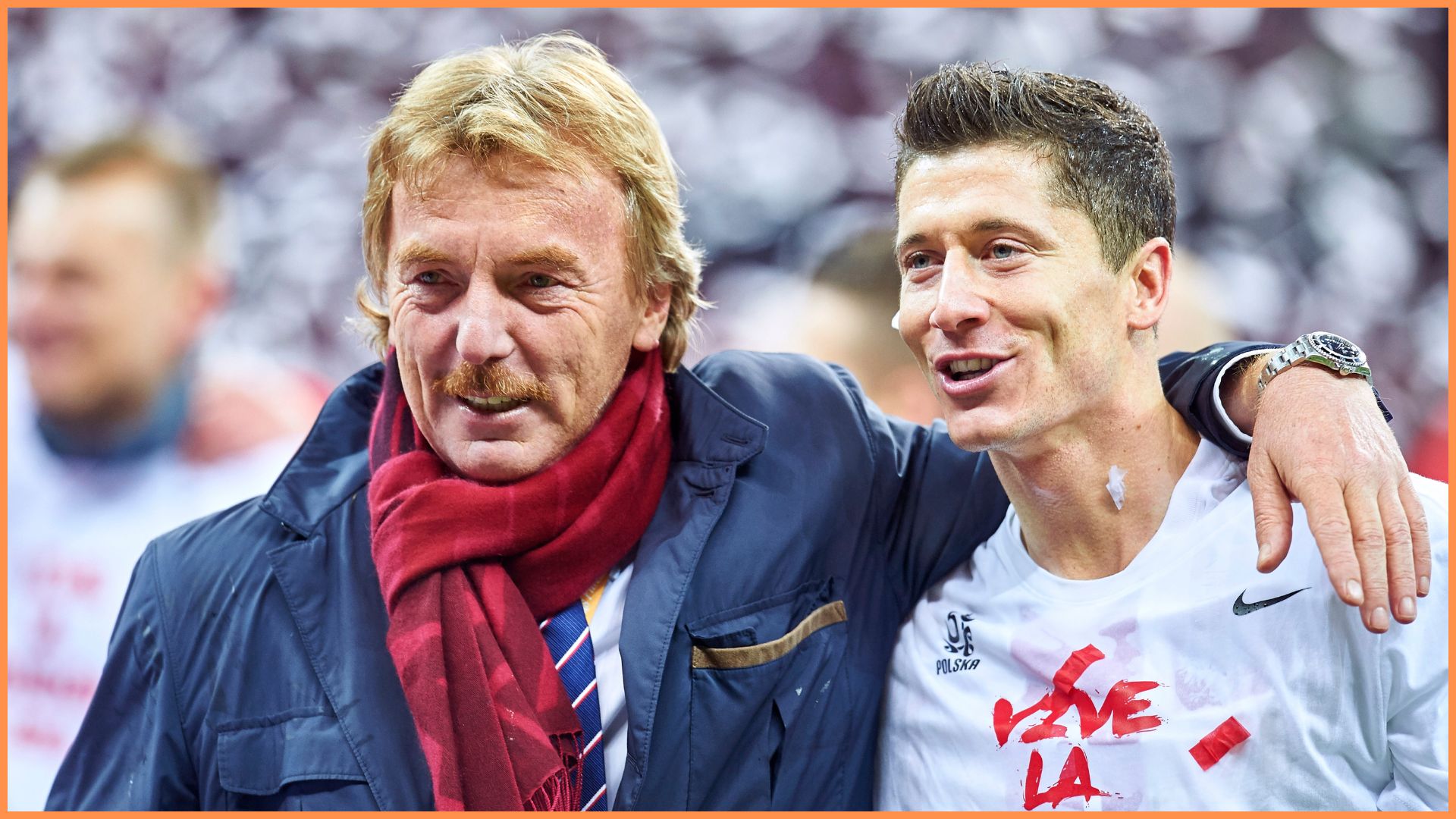 WARSAW, POLAND - OCTOBER 11: (L-R) President of Polish Football Association Zbigniew Boniek and Robert Lewandowski of Poland celebrate after the UEFA EURO 2016 qualifying match between Poland and Republic of Ireland at National Stadium on October 11, 2015 in Warsaw, Poland.