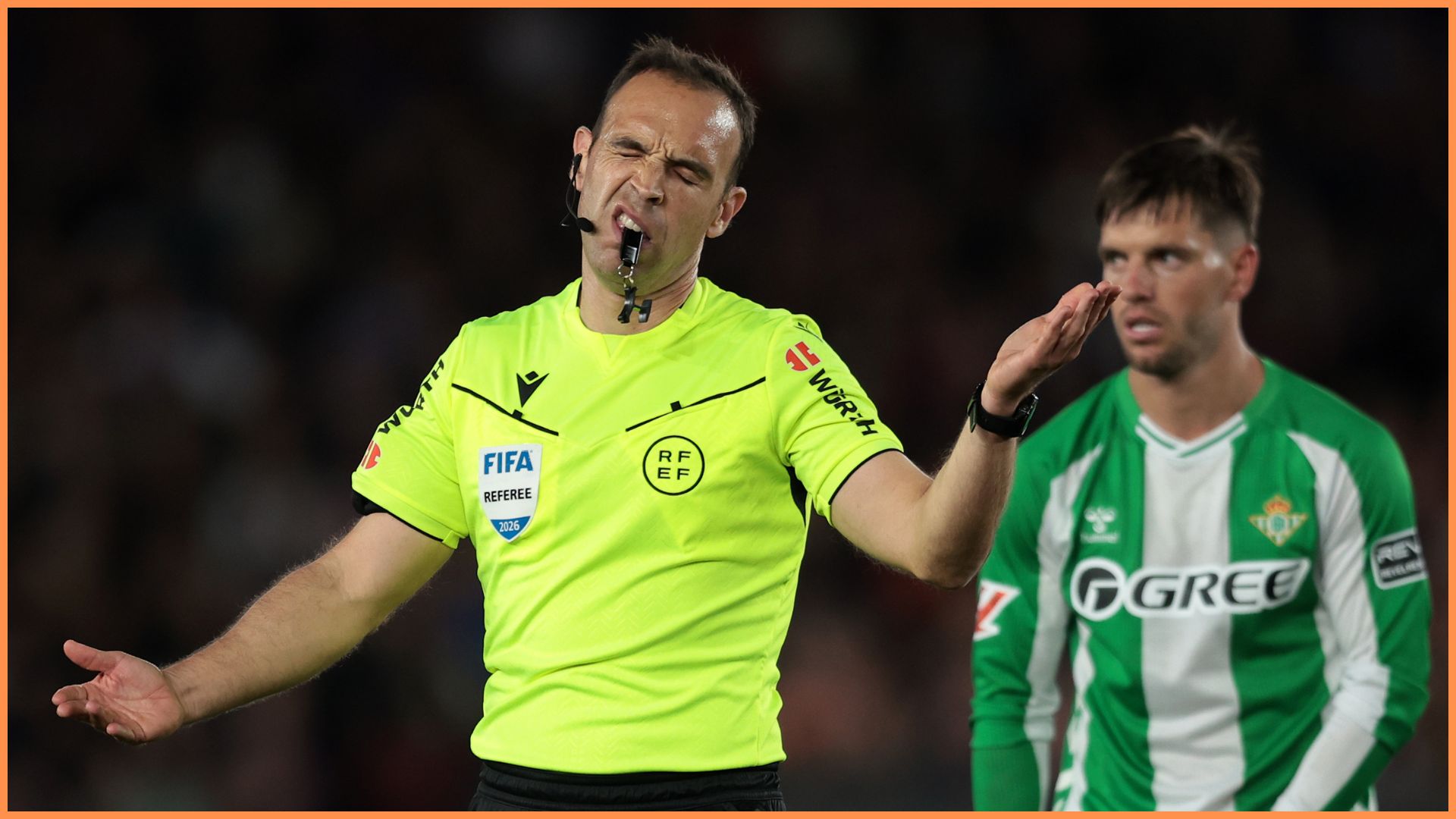 BARCELONA, SPAIN - MAY 17: Referee Guillermo Cuadra Fernandez reacts during the LaLiga EA Sports match between FC Barcelona and Real Betis Balompie at Spotify Camp Nou on May 17, 2026 in Barcelona, Spain.