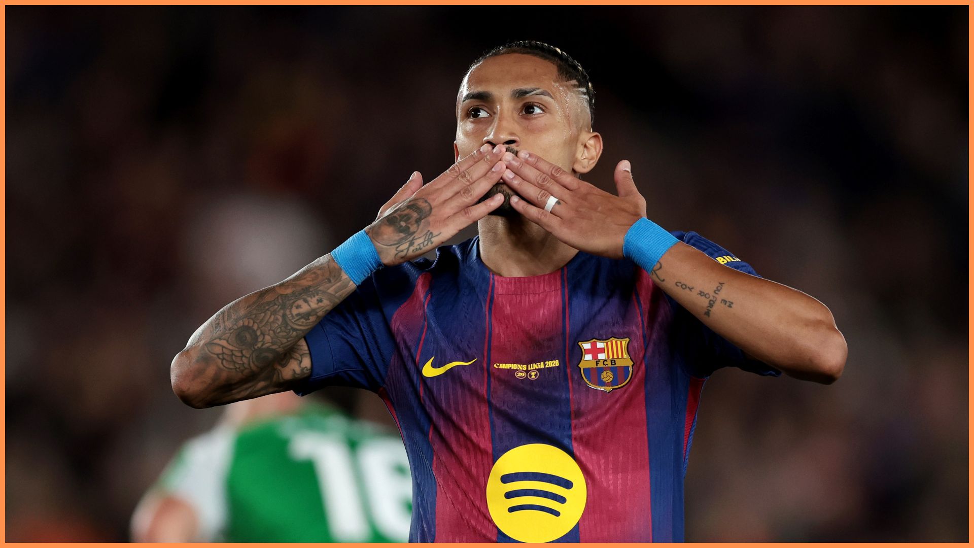 BARCELONA, SPAIN - MAY 17: Raphinha of FC Barcelona celebrates scoring his team's second goal during the LaLiga EA Sports match between FC Barcelona and Real Betis Balompie at Spotify Camp Nou on May 17, 2026 in Barcelona, Spain.