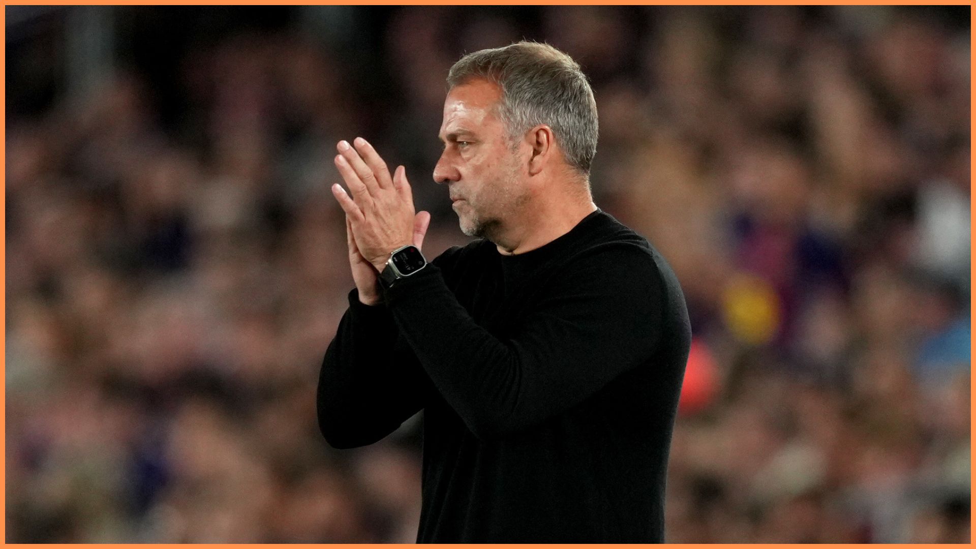 BARCELONA, SPAIN - MAY 10: Hansi Flick, Head Coach of FC Barcelona, applauds during the LaLiga EA Sports match between FC Barcelona and Real Madrid CF at Spotify Camp Nou on May 10, 2026 in Barcelona, Spain.