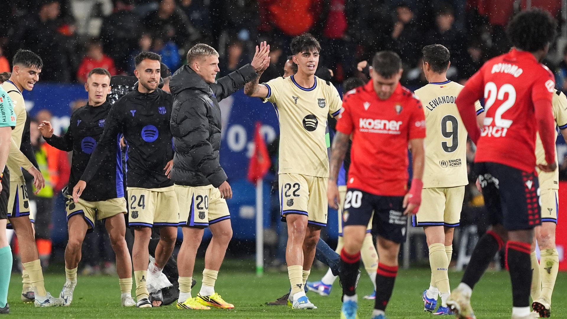 PAMPLONA, SPAIN - MAY 02: Marc Bernal of FC Barcelona greets teammate Dani Olmo after the LaLiga EA Sports match between CA Osasuna and FC Barcelona at Estadio El Sadar on May 02, 2026 in Pamplona, Spain.