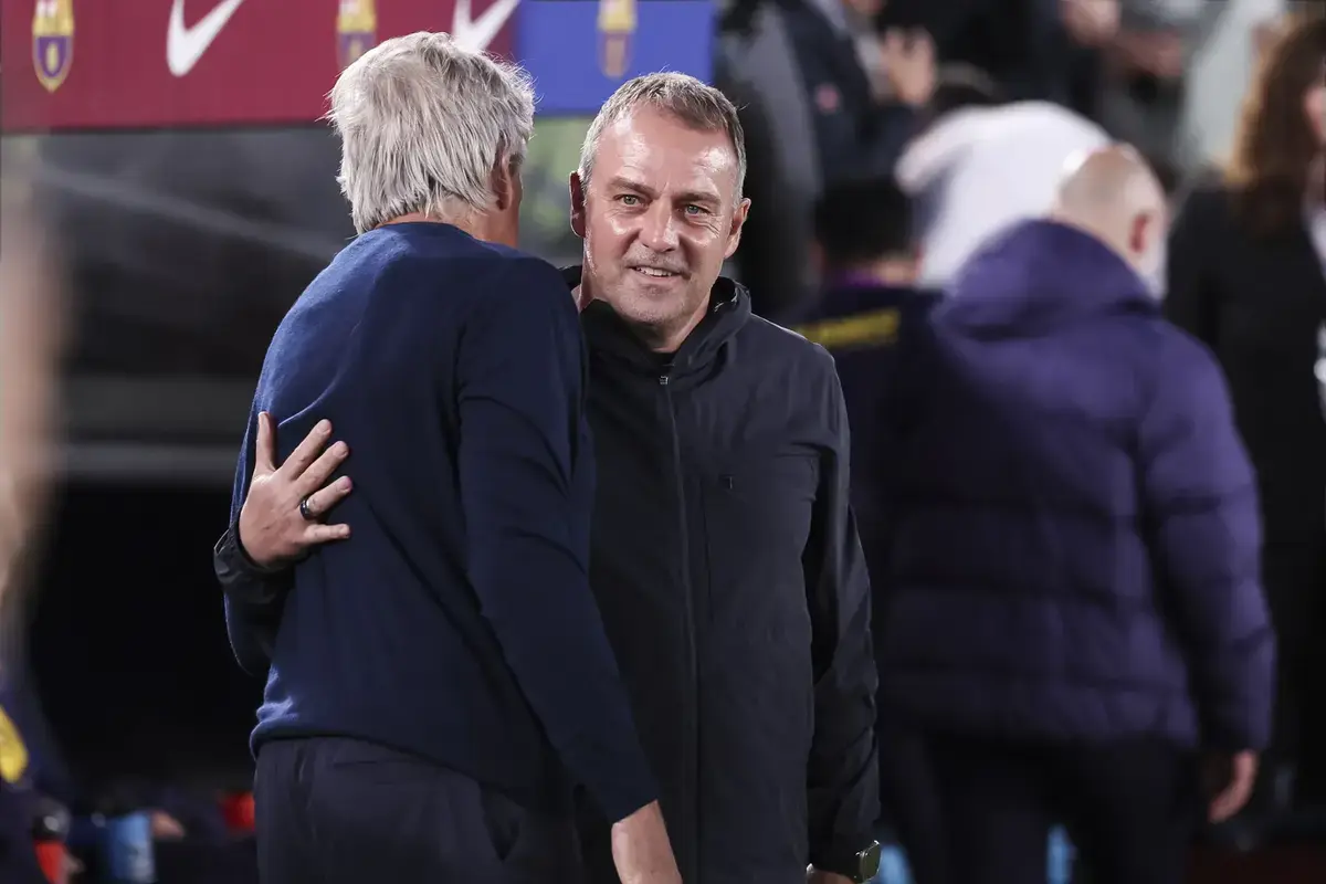May 17, 2026, Barcelona, Barcelona, SPAIN: Hansi Flick, head coach of FC Barcelona, greets Manuel Pellegrini, head coach of Real Betis Balompie, during the Spanish league, LaLiga EA Sports, football match played between FC Barcelona and Real Betis at Spotify Camp Nou stadium on May 17, 2026 in Barcelona, Spain.
