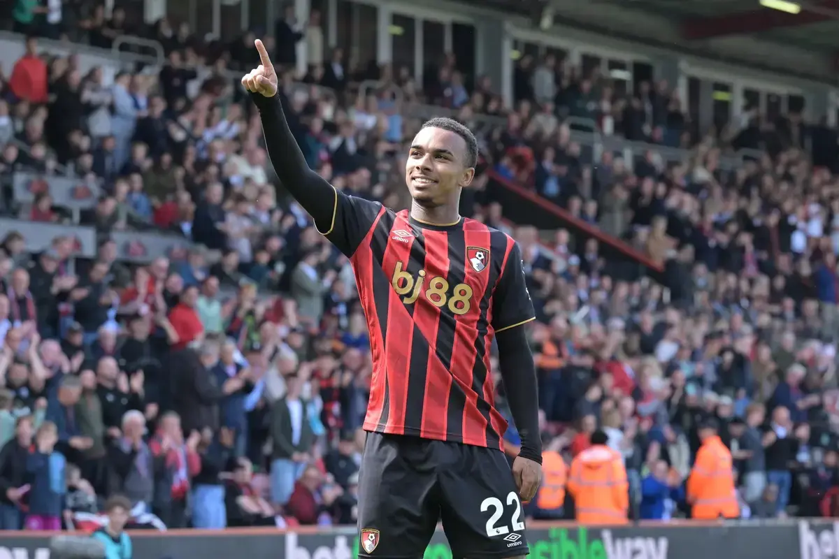 Goal 2-0 - Eli Junior Kroupi (22) of AFC Bournemouth celebrates scoring the second goal from the penalty spot during the Premier League match between Bournemouth and Crystal Palace at the Vitality Stadium, Bournemouth, UK on 3 May 2026.